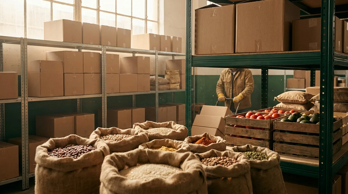 Interior de una bodega de distribución de alimentos con cajas y sacos de producto