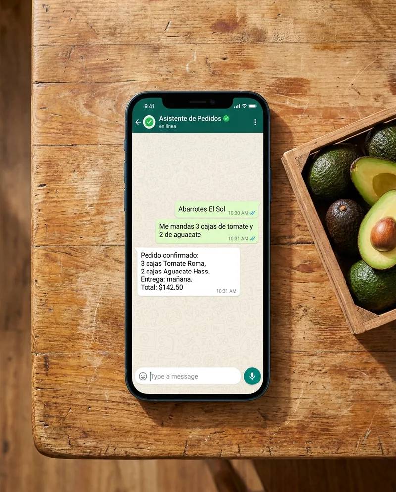 Conversación de WhatsApp donde un asistente confirma un pedido automáticamente