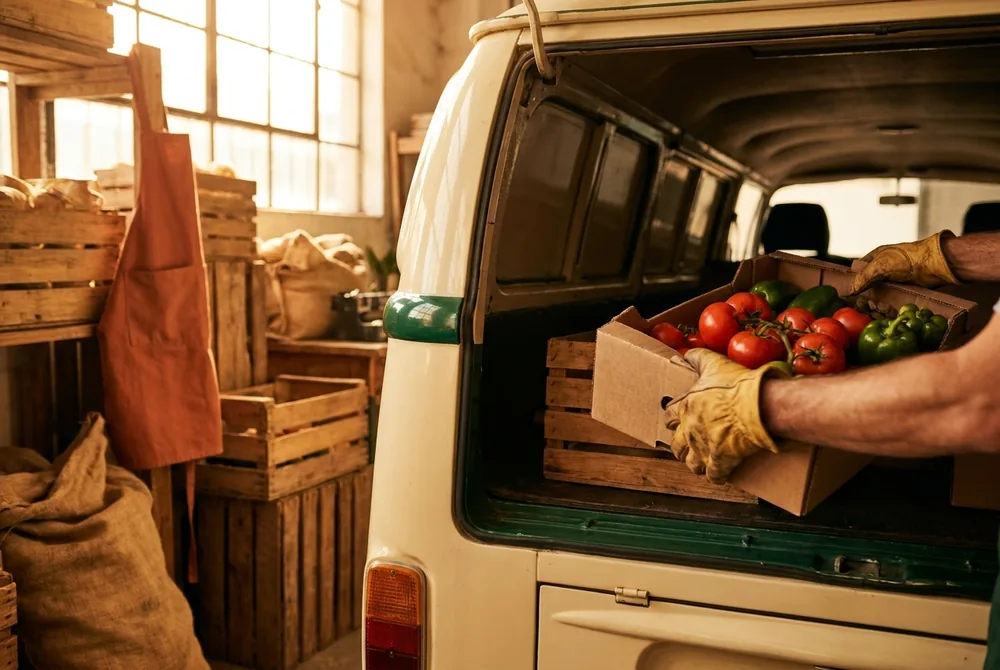 Manos cargando una caja de verduras frescas a una camioneta de reparto