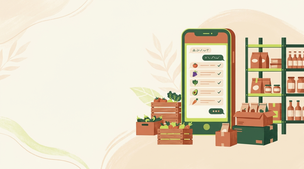 Ilustración de un teléfono con un pedido por WhatsApp junto a cajas de producto de una distribuidora de alimentos