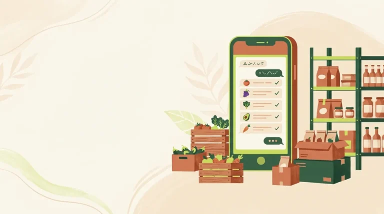 Ilustración de un teléfono con un pedido por WhatsApp junto a cajas de producto de una distribuidora de alimentos