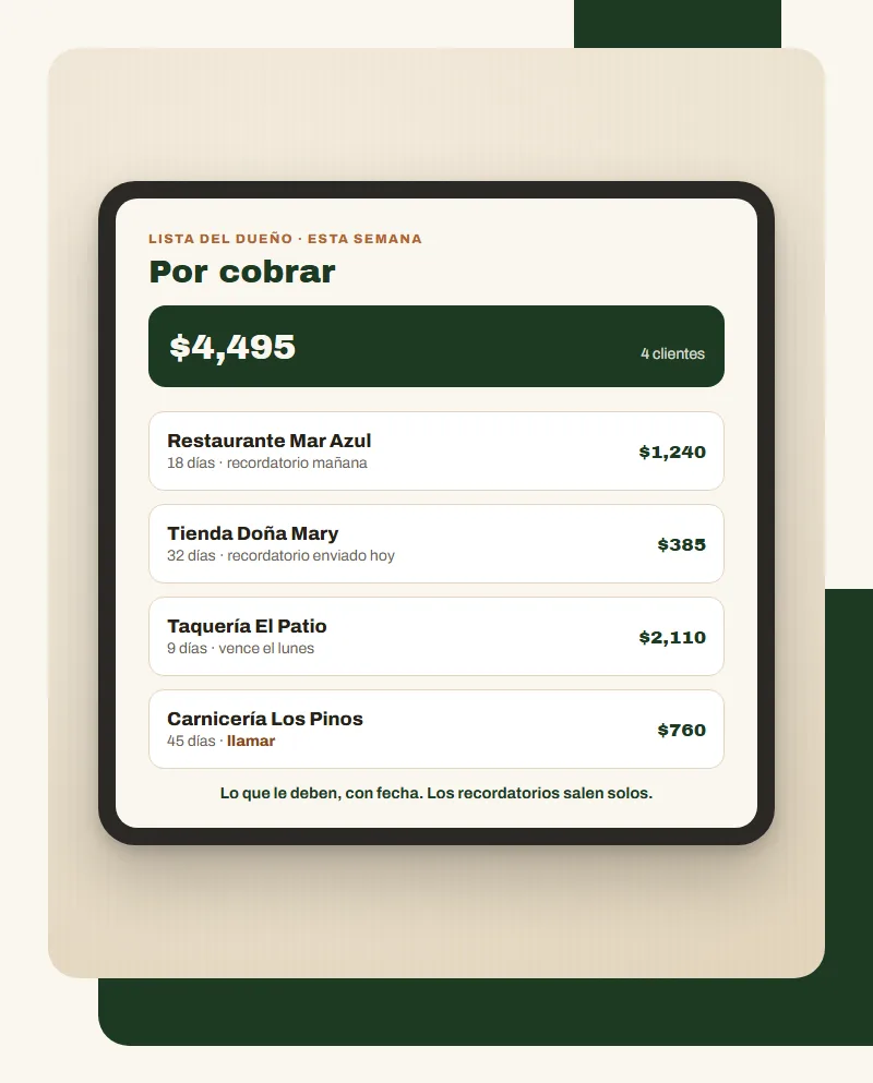 Lista de lo que falta por cobrar, con días y fecha de recordatorio